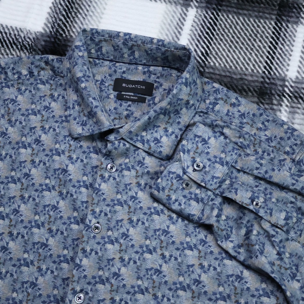 Bugatchi Blue Abstract Floral 8 Way Stretch Button Down Shirt Mens XXL